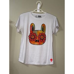 Cosmic White Graphic T Shirt Psychedelic Flower Alien Y2K Logo Small Tee